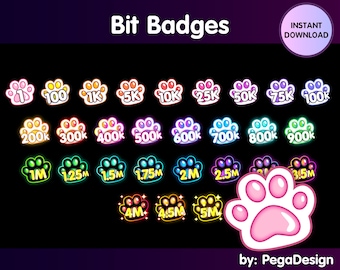 FULL SET Cat paw bit badges, Twitch bit badges, Twitch sub badges