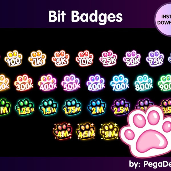 FULL SET Cat paw bit badges, Twitch bit badges, Twitch sub badges