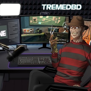 May include: A streamer's gaming setup featuring a black and red striped Freddy Krueger character seated in a gaming chair. The streamer's Twitch screen shows "OFFLINE".