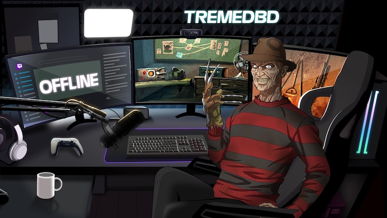 May include: A streamer's gaming setup featuring a black and red striped Freddy Krueger character seated in a gaming chair. The streamer's Twitch screen shows "OFFLINE".
