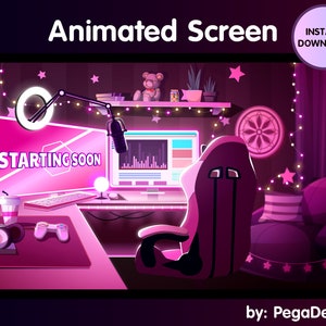 May include: A pink and purple animated screen with a gamer setup, including a computer monitor, a gaming chair, a microphone, a desk, and a headset. The screen displays the text "STARTING SOON".