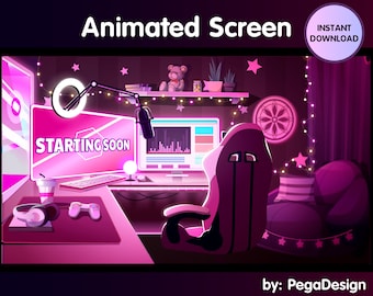 4 pantallas animadas para Twitch / sala de juegos lofi / sala de juegos Pink girl / pantalla animada Twitch / para OBS, Vtuber