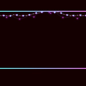 May include: A black background with a light blue and pink border. A string of lights with small blue hearts hangs across the top of the border.
