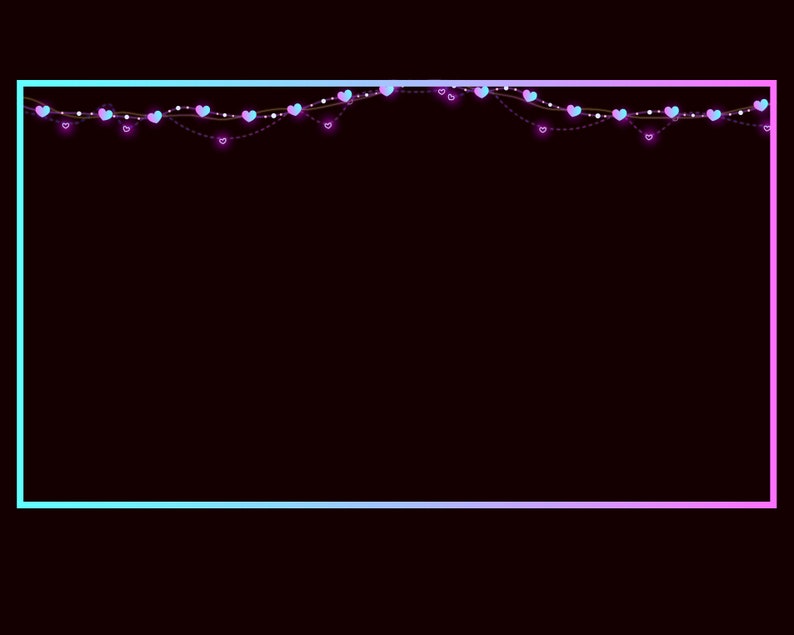 May include: A black background with a light blue and pink border. A string of lights with small blue hearts hangs across the top of the border.