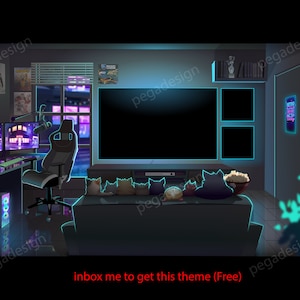May include: A digital illustration of a gamer's room featuring a gaming setup, a large screen TV, and a sofa with cats sitting on it. The room is decorated with neon lights and has a dark blue and purple colour scheme. The text "inbox me to get this theme (Free)" is displayed at the bottom of the image.