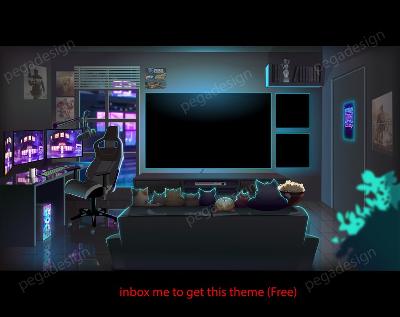 May include: A digital illustration of a gamer's room featuring a gaming setup, a large screen TV, and a sofa with cats sitting on it. The room is decorated with neon lights and has a dark blue and purple colour scheme. The text "inbox me to get this theme (Free)" is displayed at the bottom of the image.