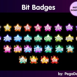 May include: A set of 20 colorful star-shaped badges with different numbers on them, ranging from 1 to 5 million. The badges are designed for Twitch streamers and are available for instant download. The text "Bit Badges" is at the top of the image, and the text "by: PegaDesign" is at the bottom.