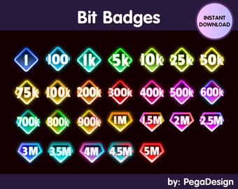 May include: A set of 20 colorful, glowing, diamond-shaped badges with numbers representing different bit amounts. The badges are arranged in four rows, with the numbers increasing from left to right. The numbers include 1, 100, 1k, 5k, 10k, 25k, 50k, 75k, 100k, 200k, 300k, 400k, 500k, 600k, 700k, 800k, 900k, 1M, 1.5M, 2M, 2.5M, 3M, 3.5M, 4M, 4.5M, and 5M. The text "Bit Badges" is at the top of the image, and the text "by: PegaDesign" is at the bottom.