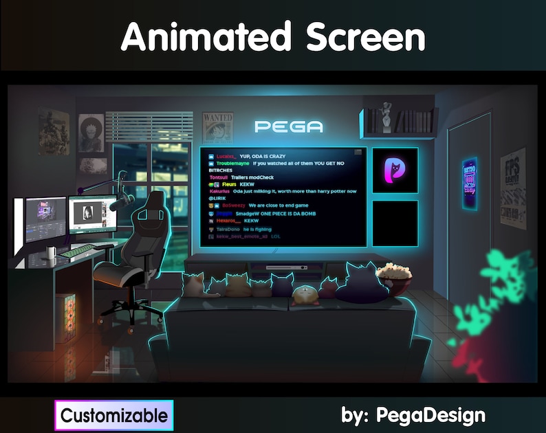 May include: A digital illustration of a gamer's room with a large screen displaying a chat window with the word "PEGA" in neon blue. The chat window shows a list of usernames and messages. The room is decorated with neon lights and posters. There are several cats sitting on a sofa in front of the screen.