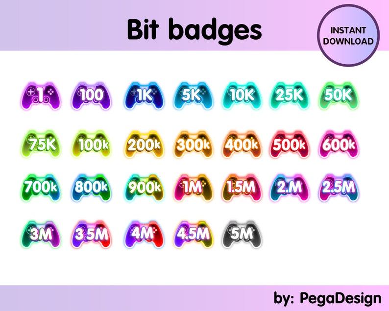 Pu&ograve; includere: Un set di 20 badge colorati per controller di videogiochi con diversi importi di bit, che vanno da 1 a 5 milioni. I badge sono progettati per gli streamer di Twitch e presentano uno schema di sfumatura di colore.