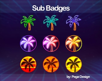 Insignias de suscripción/bit de Twitch de palmera retrowave / Estilo de los 80 / Atardecer / Emote / Superposiciones de transmisión