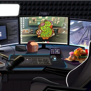 May include: A gamer's setup featuring three monitors, a keyboard, a microphone, a gaming chair, and various snacks, including pizza and soda. The middle monitor displays a green and white graphic of the number "5". The text "OFFLINE" is displayed on the left monitor.
