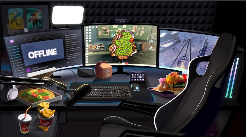 May include: A gamer's setup featuring three monitors, a keyboard, a microphone, a gaming chair, and various snacks, including pizza and soda. The middle monitor displays a green and white graphic of the number "5". The text "OFFLINE" is displayed on the left monitor.