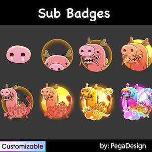 May include: A collection of cartoon dragon badges in various stages of evolution. The badges are pink, orange, yellow, and blue, with a variety of expressions and details. The text "Sub Badges" and "Customizable" are also present.