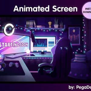 Tela de transmissão animada 4x para Twitch | sala de jogos lofi | Sala de jogos neon | Tela animada do Twitch | para OBS, fundo Vtuber