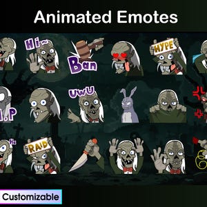 Puede incluir: Conjunto de emoticonos animados con zombis y bocadillos de texto. Los emoticonos incluyen "LOL", "Hi", "Ban", "Hype" y "R.I.P.". La palabra "Customizable" está en la parte inferior. El fondo muestra un cementerio.