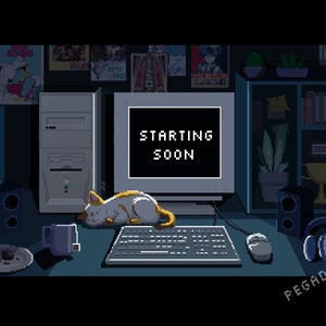 Twitch stream screen | cat pixel style | retro game desk | Vtuber OBS Discord
