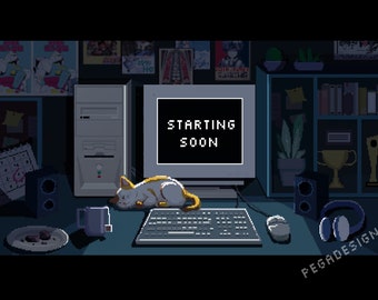 Twitch stream screen | cat pixel style | retro game desk | Vtuber OBS Discord