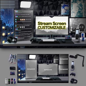 Può includere: Un grafico di configurazione streaming digitale con un monitor verticale con chat, un monitor orizzontale con la scritta Stream Screen CUSTOMIZABLE, una tastiera meccanica, un controller, cuffie, un microfono e varie lattine di bevande.