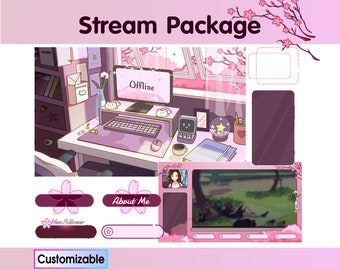 Pink sakura room | Animated  stream package | Twitch overlay lofi | starting screen | Streaming Twitch | cozy twitch | customizable anime