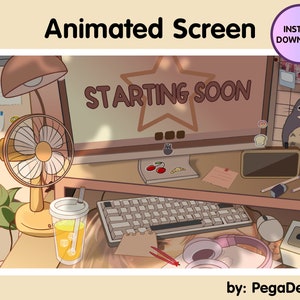 May include: An animated screen displaying "Starting Soon" with a star and a cartoon character on a desk with a computer, keyboard, headphones, a fan, a glass of orange juice, and a potted plant.