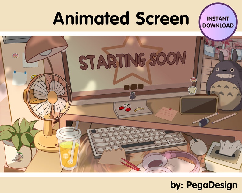 May include: An animated screen displaying "Starting Soon" with a star and a cartoon character on a desk with a computer, keyboard, headphones, a fan, a glass of orange juice, and a potted plant.