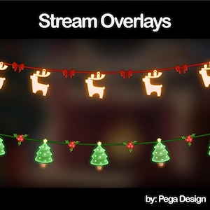 May include: Stream Overlays graphic with two strings of Christmas lights. The top string has reindeer and red bows. The bottom string has green Christmas trees and red berries. The graphic is by Pega Design.