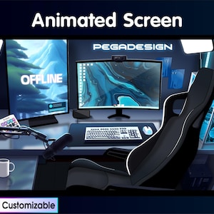 Peut inclure: Illustration numérique d'une configuration de jeu avec un bureau noir, un fauteuil de jeu noir, un écran d'ordinateur avec un fond abstrait bleu et noir, un deuxième écran affichant le mot "OFFLINE", un microphone, un clavier, une souris et une tasse de café.