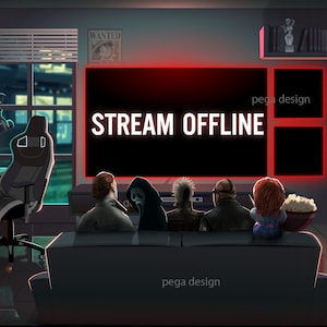 May include: A dark room with a large screen displaying "STREAM OFFLINE" in red text.  There are several people sitting on a sofa in front of the screen.  The room is decorated with posters and other items.  The text "pega design" appears three times in the image.
