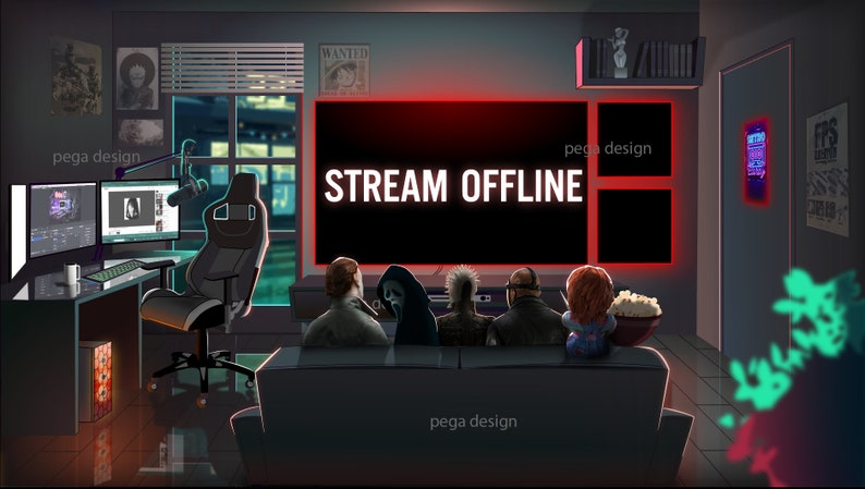 May include: A dark room with a large screen displaying "STREAM OFFLINE" in red text.  There are several people sitting on a sofa in front of the screen.  The room is decorated with posters and other items.  The text "pega design" appears three times in the image.