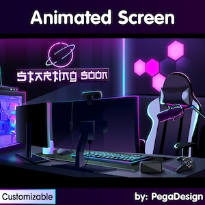 May include: A digital illustration of a gamer's setup with a computer, a gaming chair, a microphone, a keyboard, a mouse, and a phone. The screen displays the text "STARTING SOON" in neon pink and blue letters. The background is a dark purple with neon pink and blue accents.