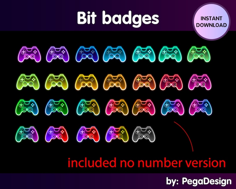 Pu&ograve; includere: Un set di 10 icone di controller da gioco al neon colorate, con sfondo nero. Le icone sono disposte in file di quattro, con l'ultima fila che ha solo due icone. Le icone hanno tutte la stessa forma, ma ciascuna ha un colore diverso. I colori sono rosso, arancione, giallo, verde, blu, viola, rosa e bianco. Il testo "Bit badges" &egrave; in alto nell'immagine, e il testo "included no number version" &egrave; in basso nell'immagine. Il testo "by: PegaDesign" &egrave; in basso a destra nell'immagine.
