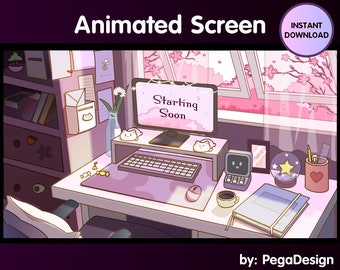 4x Animated stream screen for Twitch | lofi pink game room | sakura cherry blossom game room | Twitch animated screen