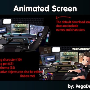 May include: A digital illustration of a gamer's setup with a black desk, a gaming chair, a microphone, headphones, a mug, and three monitors. The monitors display a game, a chat window, and a stream. The text "OFFLINE" is displayed on the stream monitor. The text "PEGADESIGN" is displayed in the top right corner of the image. The text "by: PegaDesign" is displayed in the bottom right corner of the image.
