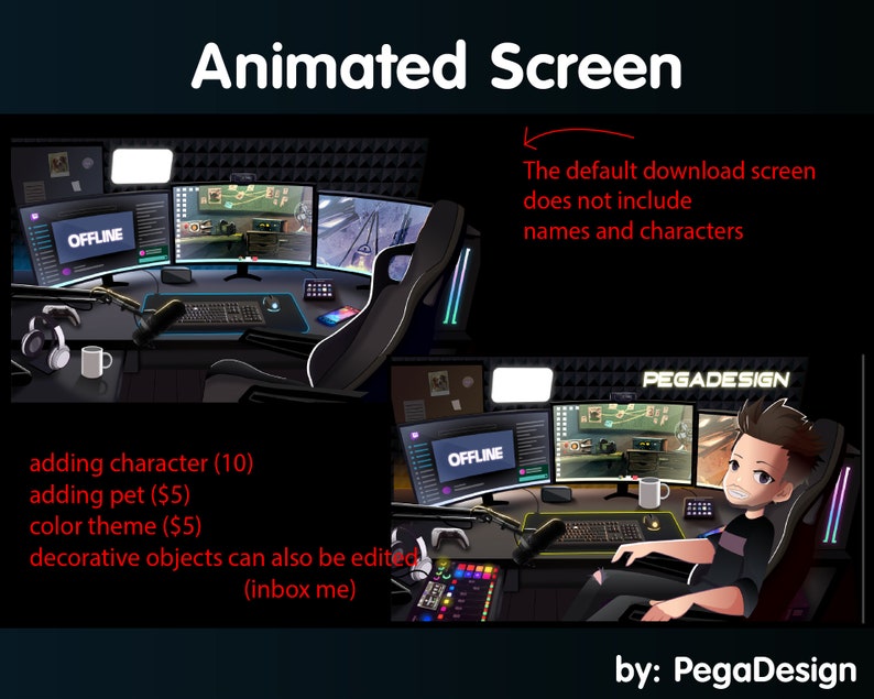 May include: A digital illustration of a gamer's setup with a black desk, a gaming chair, a microphone, headphones, a mug, and three monitors. The monitors display a game, a chat window, and a stream. The text "OFFLINE" is displayed on the stream monitor. The text "PEGADESIGN" is displayed in the top right corner of the image. The text "by: PegaDesign" is displayed in the bottom right corner of the image.