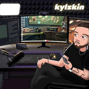 May include: A person sits in a gaming chair in front of a computer desk with multiple monitors. The monitors display a video game and a streaming interface. The person is holding a smartphone. The desk has a microphone, a headset, a controller, and a keyboard. The text "kylzkin" is displayed on the wall behind the person.