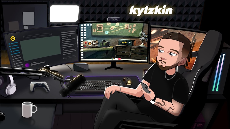 May include: A person sits in a gaming chair in front of a computer desk with multiple monitors. The monitors display a video game and a streaming interface. The person is holding a smartphone. The desk has a microphone, a headset, a controller, and a keyboard. The text "kylzkin" is displayed on the wall behind the person.
