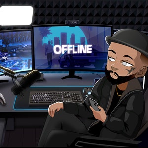 May include: A cartoon illustration of a person sitting in a gaming chair in front of a computer screen. The screen displays the word "OFFLINE" in a blue and white font. The person is wearing a black hat, a black jacket, and a gold chain. The person is holding a smartphone in their right hand. The background is a dark room with a desk, a microphone, and a gaming console.