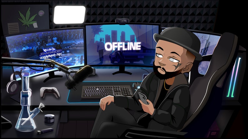 May include: A cartoon illustration of a person sitting in a gaming chair in front of a computer screen. The screen displays the word "OFFLINE" in a blue and white font. The person is wearing a black hat, a black jacket, and a gold chain. The person is holding a smartphone in their right hand. The background is a dark room with a desk, a microphone, and a gaming console.