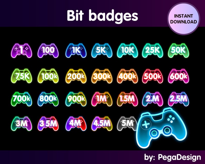 Pu&ograve; includere: Un set di 20 badge per controller da gioco al neon colorati con diversi importi di bit, che vanno da 1 a 5 milioni. I badge sono progettati per gli streamer di Twitch e presentano una variet&agrave; di colori, tra cui rosso, arancione, giallo, verde, blu, viola e rosa.