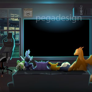 May include: A dark room with a large TV screen, a gaming setup, and a sofa with several cartoon characters sitting on it. The characters are watching the TV screen. The room is decorated with posters and other items.