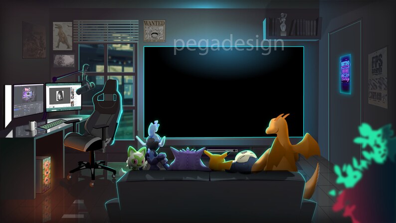 May include: A dark room with a large TV screen, a gaming setup, and a sofa with several cartoon characters sitting on it. The characters are watching the TV screen. The room is decorated with posters and other items.