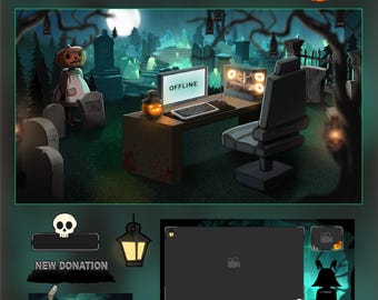 Halloween Cemetery Stream Package: Animated Twitch Overlay | Twitch screen halloween theme | Pumpkin and Ghosh