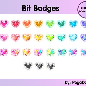May include: A collection of colorful heart-shaped digital badges with various designs and gradients. The text "Bit Badges" is displayed at the top, with "Instant Download" in a circle. The badges are designed by PegaDesign.