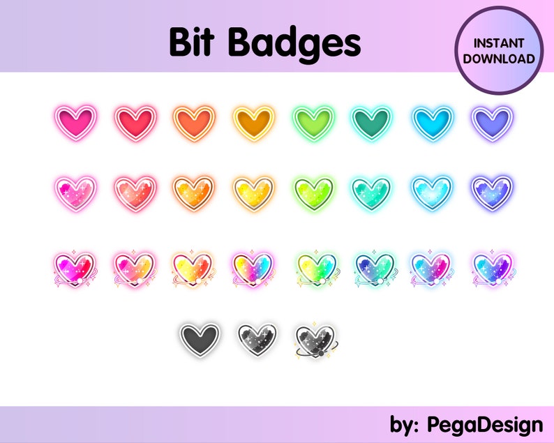 May include: A collection of colorful heart-shaped digital badges with various designs and gradients. The text "Bit Badges" is displayed at the top, with "Instant Download" in a circle. The badges are designed by PegaDesign.