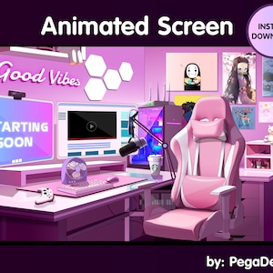4x Animated stream screen for Twitch | pink girl game room | Neon game room | Twitch animated screen | for OBS, Vtuber background