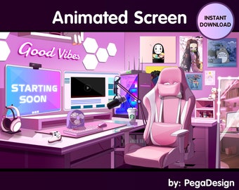 4x Animated stream screen for Twitch | pink girl game room | Neon game room | Twitch animated screen | for OBS, Vtuber background