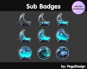 Blue Moon sub badges, Twitch sub bit badges, Stream overlay