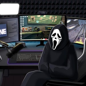 May include: A dark room with a gaming setup. A person wearing a white mask with a black hooded robe sits in a black gaming chair. The person is in front of a computer monitor with a game on the screen. The monitor is on a desk with a microphone, a keyboard, and a controller. The desk is also decorated with a mug and a plant. The monitor shows the word "OFFLINE" on the screen.