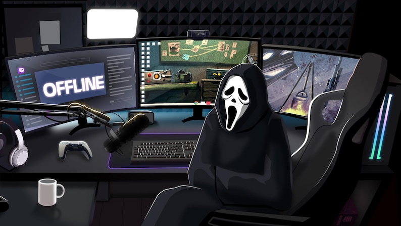May include: A dark room with a gaming setup. A person wearing a white mask with a black hooded robe sits in a black gaming chair. The person is in front of a computer monitor with a game on the screen. The monitor is on a desk with a microphone, a keyboard, and a controller. The desk is also decorated with a mug and a plant. The monitor shows the word "OFFLINE" on the screen.